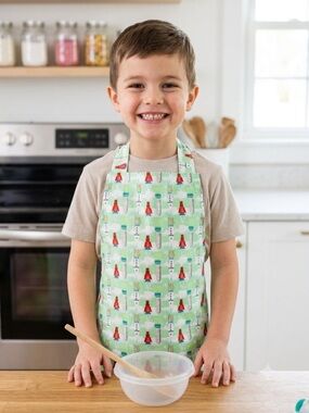 2096 - Green Utensil-Print Kitchen Apron with Neck and Waist Ties